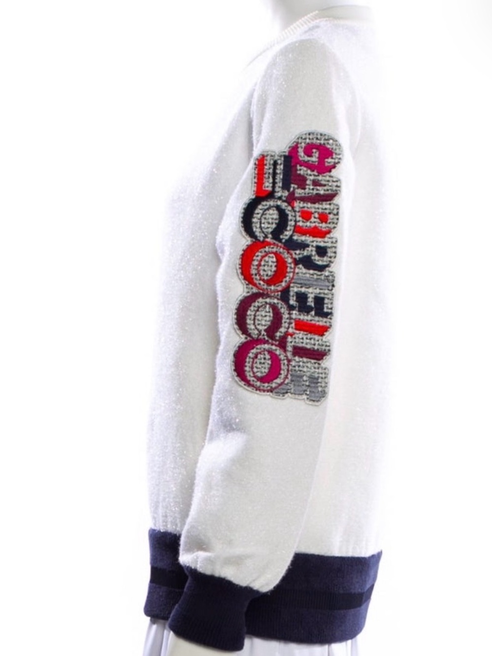 Authentic Chanel White Sweat shirt with Colorful Sleeve Patch